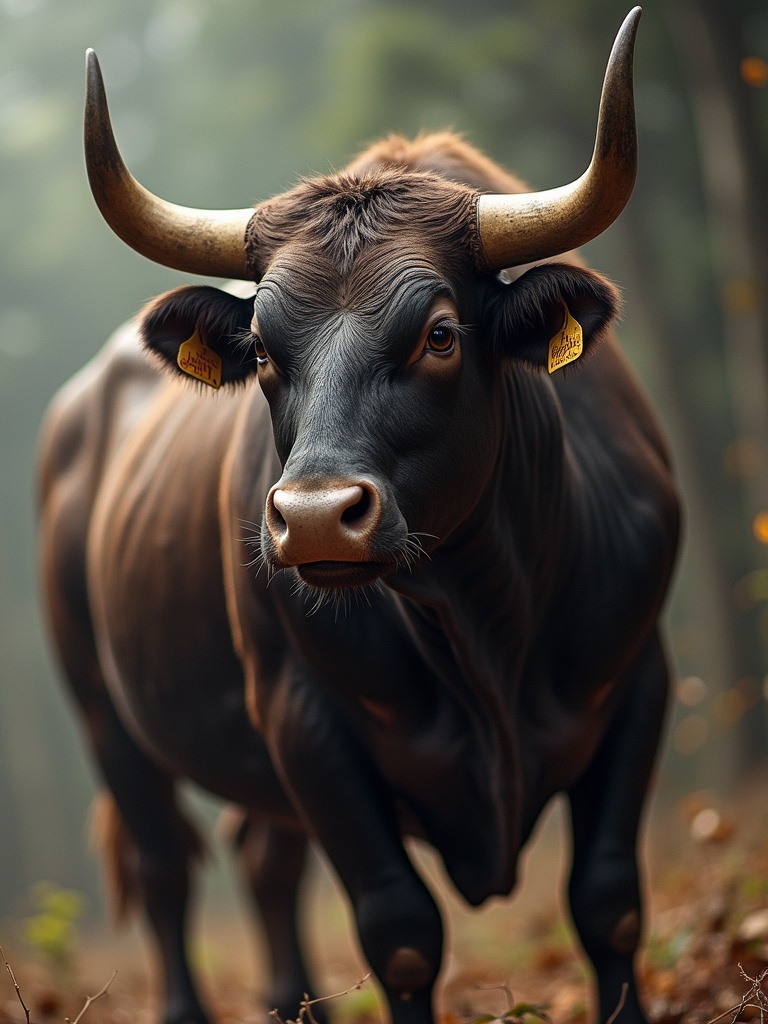 Detailed close-up of an impressive bull standing in a forest environment. The bull has strong horns and a glossy coat. The background contains blurred trees and soft lighting to enhance the subject.