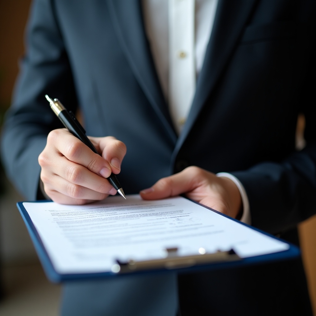 Person in a suit signs a document on a clipboard. Close-up view of hands and clipboard. Focus on signing action.