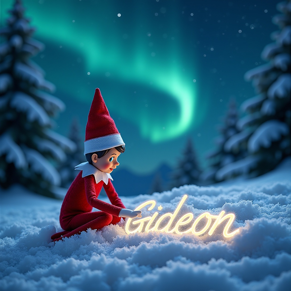 Animated elf in snow wearing red outfit writing name 'Gideon' in cursive snow. Name is illuminated, magical effect. Night sky with vibrant northern lights, snow-covered pine trees.