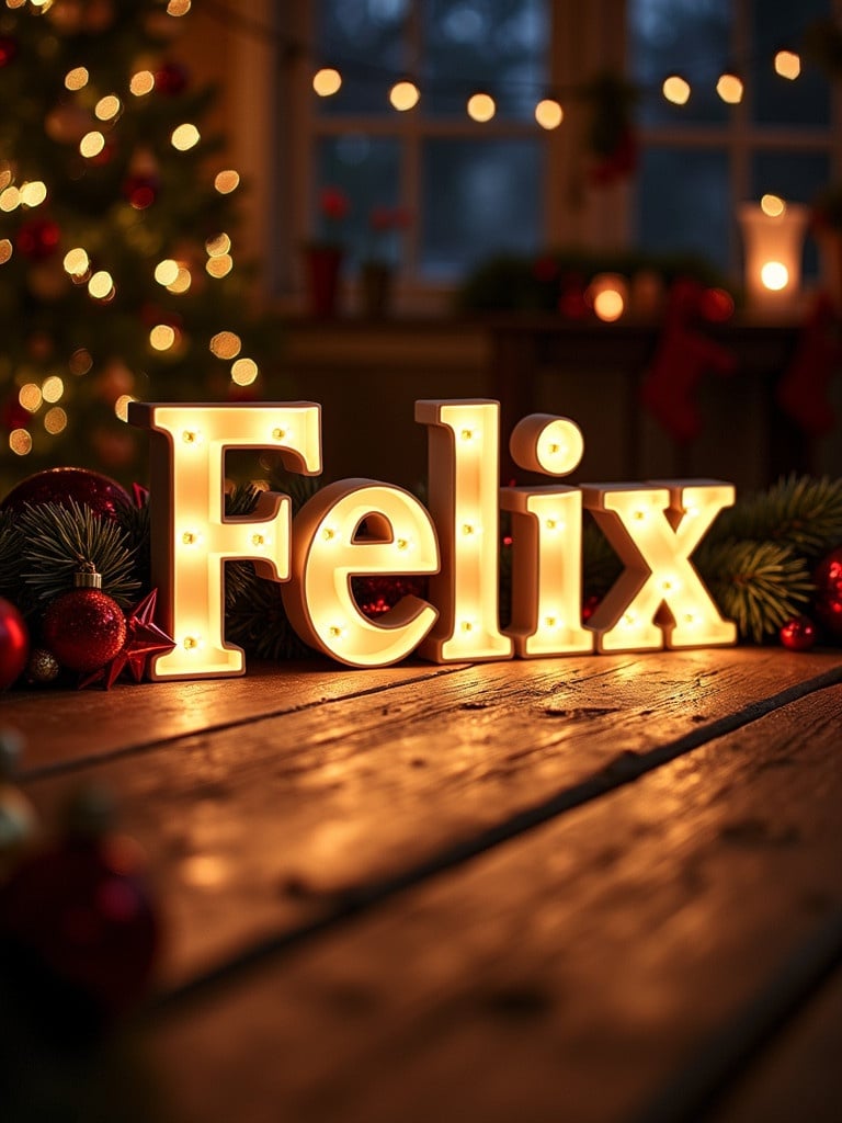 Name Felix illuminated in festive Christmas theme. Letters surrounded by decorations like ornaments and garlands. Soft warm lighting creating a cozy atmosphere.