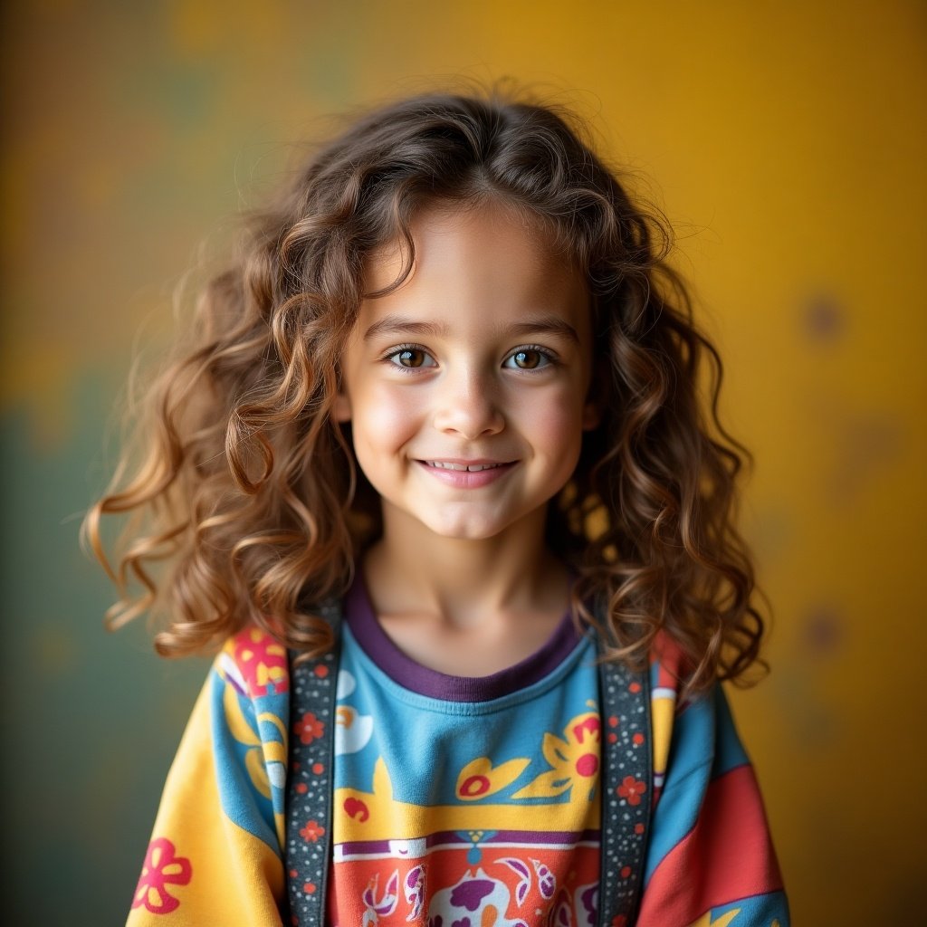 A smiling child with curly hair in colorful clothing. Background is softly blurred. The focus is on the child's joyful expression.