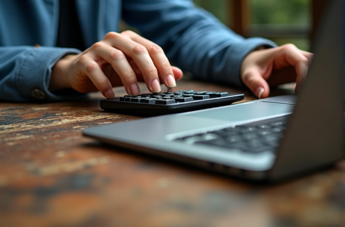 A person is using a calculator next to a laptop on a wooden table.