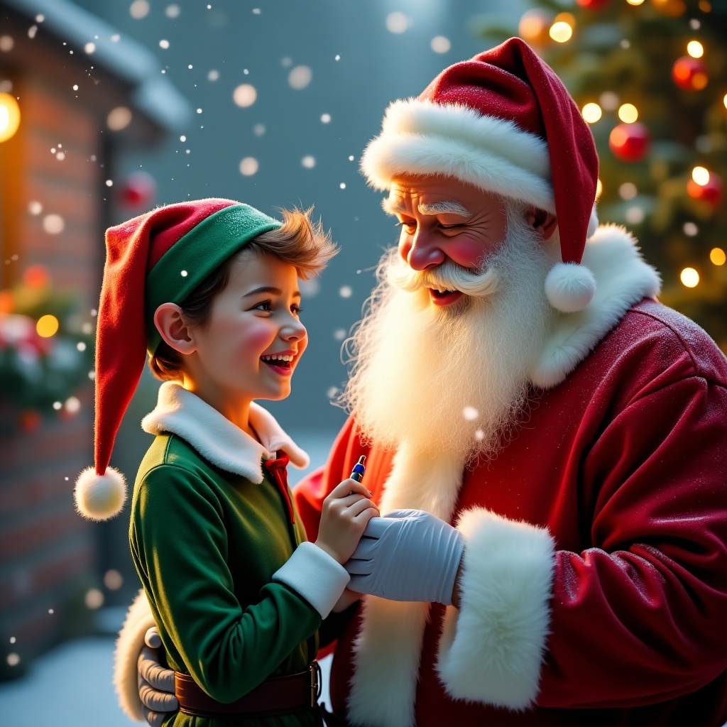 Elf and Santa engaging in a festive activity at the North Pole. Warm and inviting atmosphere surrounding them. Elf and Santa are in holiday attire, emphasizing the Christmas spirit.