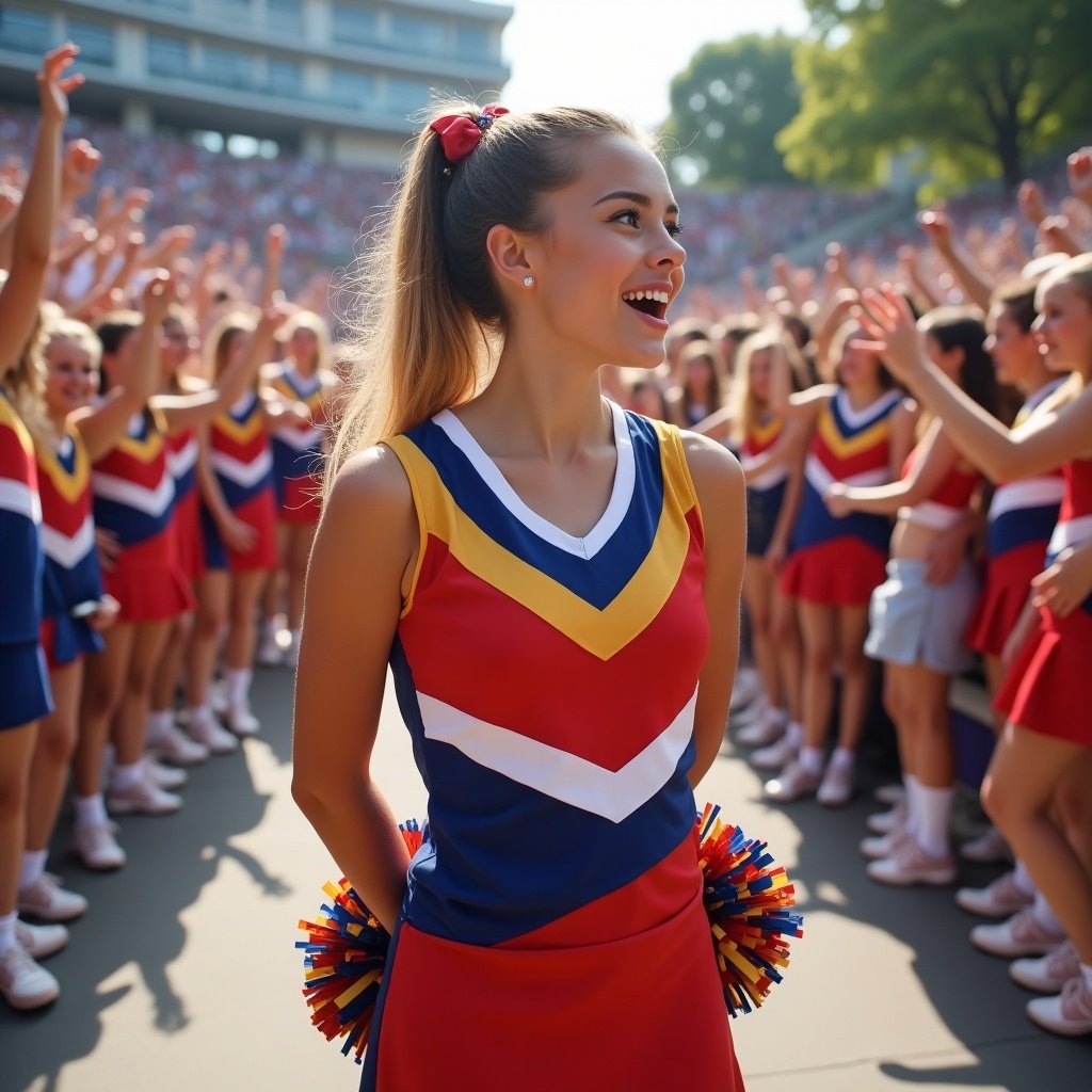 A cheerleader stands among a crowd at a sports event. The cheerleader wears a colorful uniform and has hands handcuffed behind her back. The audience is cheering and participating energetically.