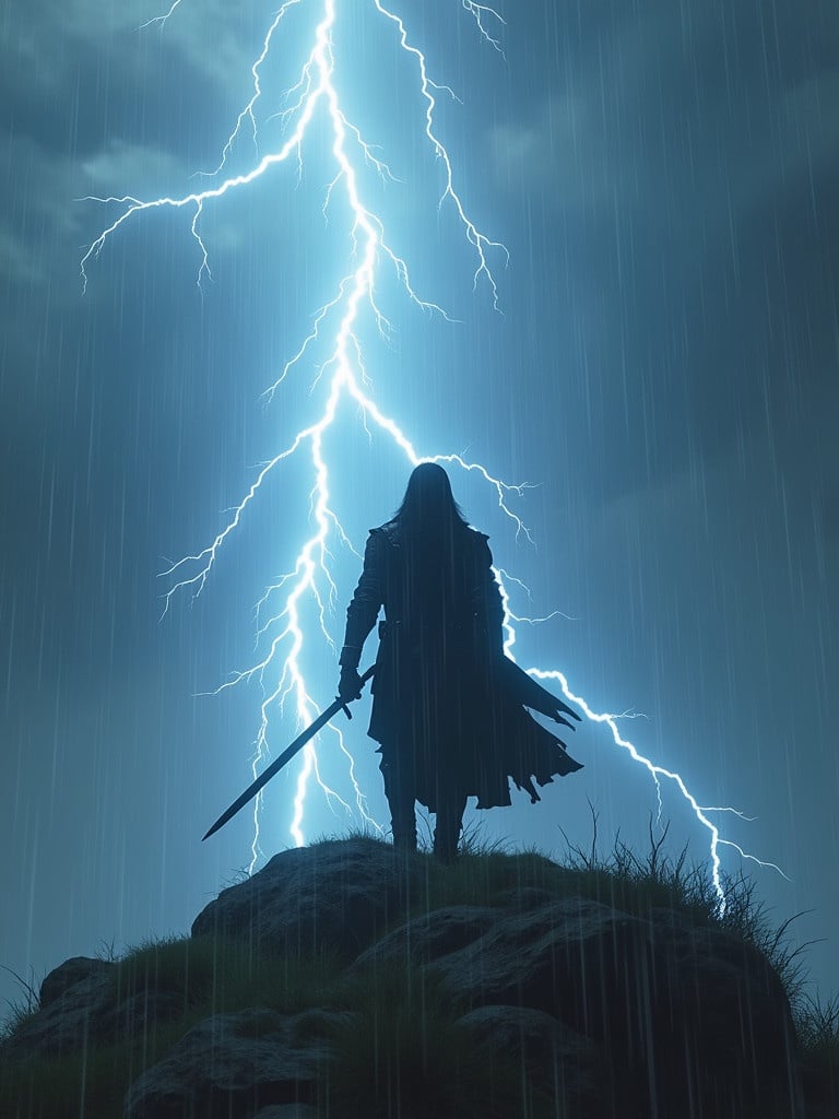 RPG rogue character features long black hair standing on grassy rocky hilltop. Sword in hand. Lightning bolts surround the character. Heavy rain and strong winds create dramatic scenery. Light rays break through clouds. Image is ultra realistic with detailed post processing. Dynamic reflections enhance the atmosphere.