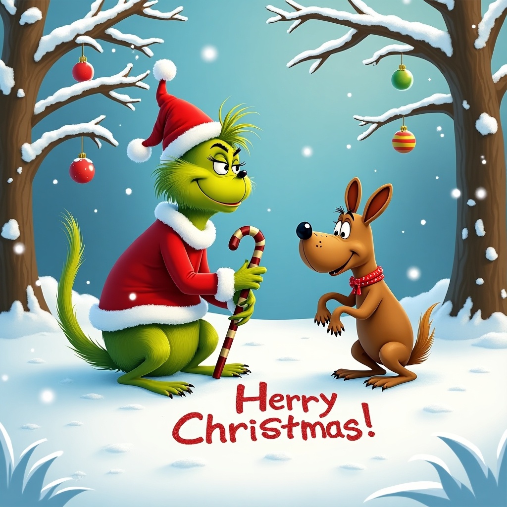 Whimsical wintry scene with Grinch and dog Max. Grinch wears red Santa outfit. Snowy ground with trees. Christmas ornaments on trees. Grinch writes names in snow. Cheerful atmosphere with falling snowflakes. Humor and heartwarming holiday moments.