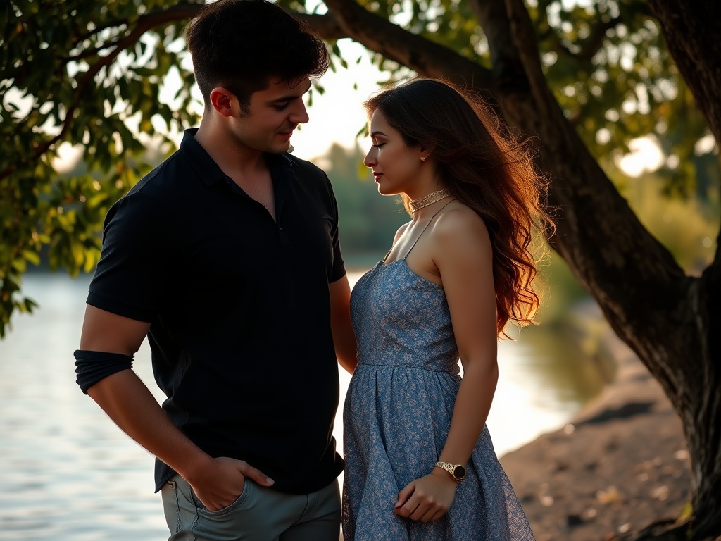 The image features a couple standing closely under a tree by a serene lake, with the setting sun casting a warm golden glow around them. The woman is wearing a light blue floral dress and the man is in a dark polo shirt, both looking into each other's eyes with an affectionate gaze. The background is filled with out-of-focus greenery and shimmering water, enhancing the romantic atmosphere.