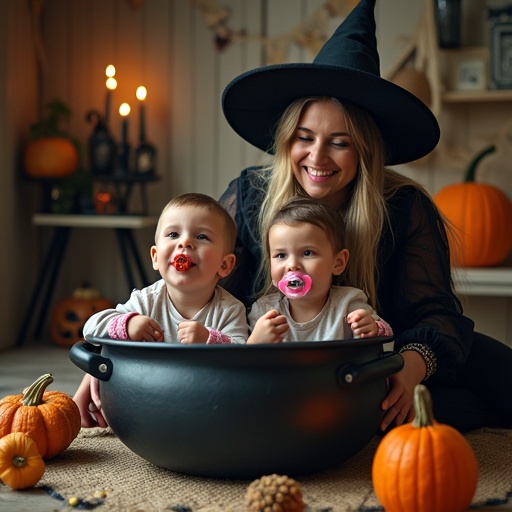 Two children are seated in a large cauldron. They have pacifiers and handcuffs. Their mother, dressed as a witch, pretends to cook them. Pumpkins and candles fill the scene.