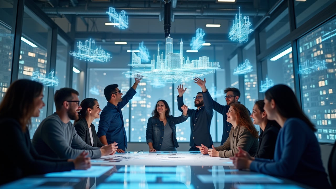 Team celebrates success in high-tech design studio. Holograms and visualizations float around. Bright, ultrarealistic scene shot on Arriflex Alexa.