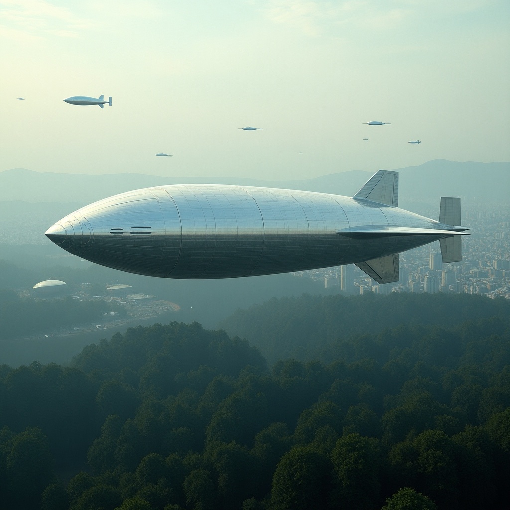 Airships in silver color are flying over urban and forest areas. They are collecting data from the ground. The scene depicts a futuristic vision of the world in 2040.