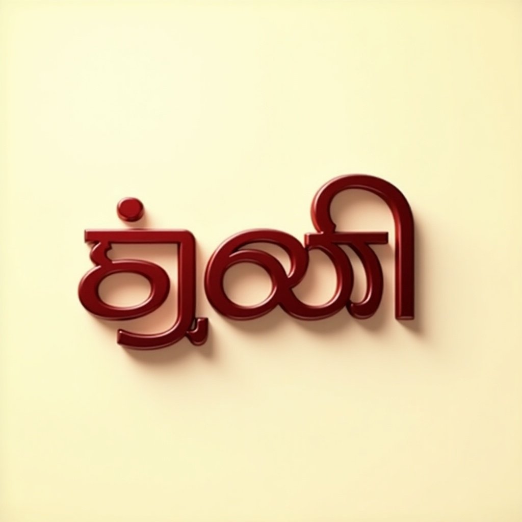 Cinematic styled font features the Malayalam word in deep red. Light cream backdrop enhances visual appeal. Subtle shadows and highlights add depth. Gentle warm lighting creates ambiance. Represents beauty of Malayalam script with cinematic feel.