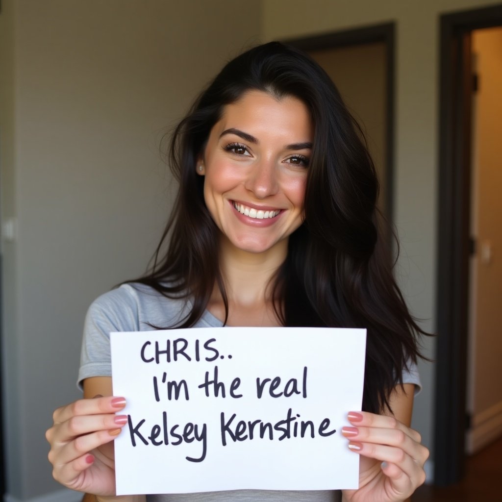 An American woman with dark hair takes a selfie while holding a paper. The paper states Chris I'm the real Kelsey Kernstine.