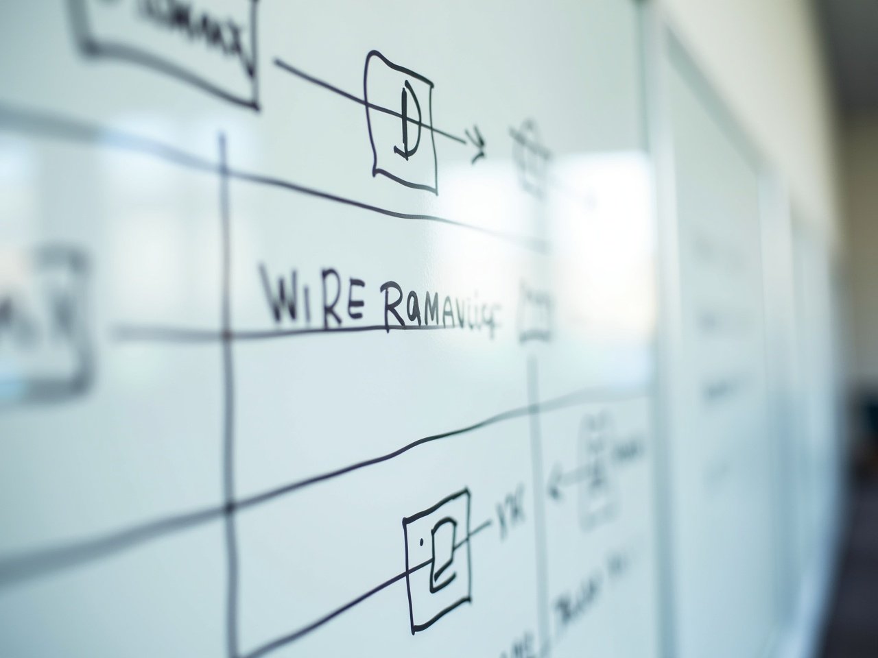 The image features a close-up of a whiteboard filled with handwritten notes. It showcases a wireframe diagram with sleek lines, embodying a powerful y2k design aesthetic. The notes highlight best practices in character design, emphasizing creativity and organization. A xerox machine is present in the background, adding a touch of a professional environment. The overall feel of the image is modern and educational, perfect for tech-related content.