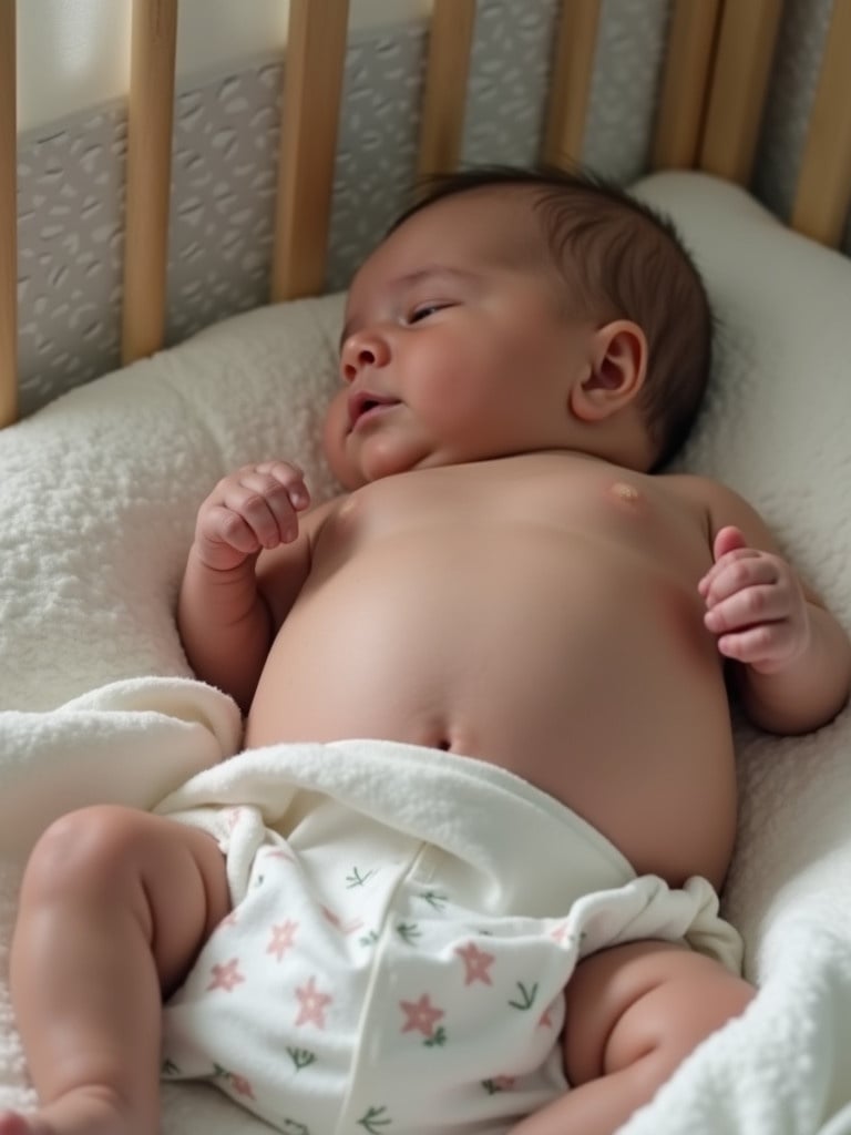 A baby lies in a crib with a slightly swollen belly. The baby is resting comfortably on a soft blanket. The setting includes wooden crib slats and a serene environment.