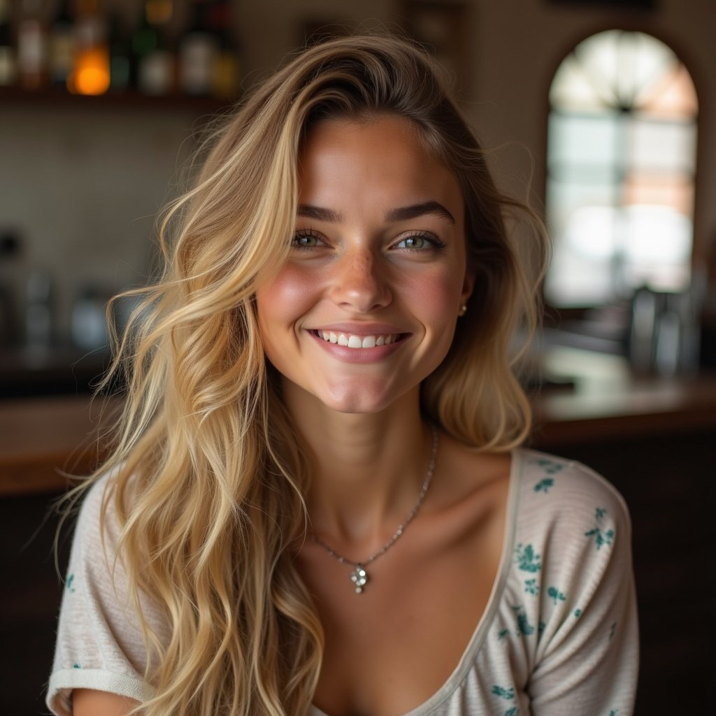 Generate an image of a young woman in her mid-20s with realistic features and soft skin texture. Use natural colors with minimal makeup. Hair is long, wavy, and blonde. Expression is friendly and candid. Environment is a realistic bar with a relaxed and casual pose. Include fine details like light freckles and natural hair flyaways. Balance the color palette.