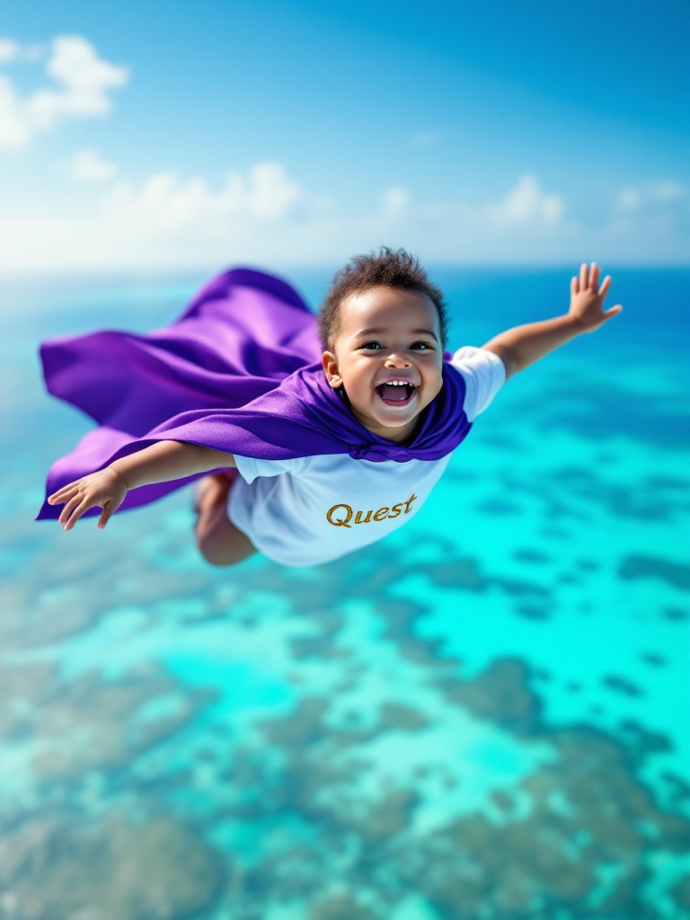 A joyful baby is soaring high above the Caribbean Sea. The baby is laughing in the open sky. The baby is wearing a purple cape. The shirt is white with the word Quest embroidered in gold. The sea below is turquoise with gentle waves.