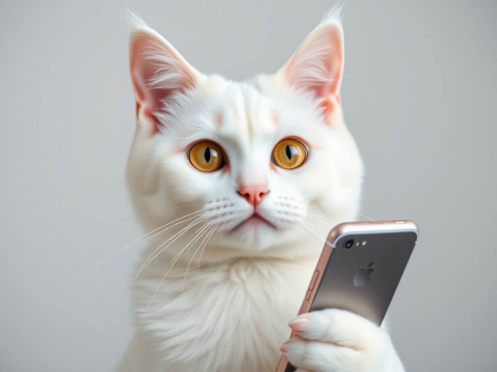 A fluffy white cat holding a smartphone with a curious expression.