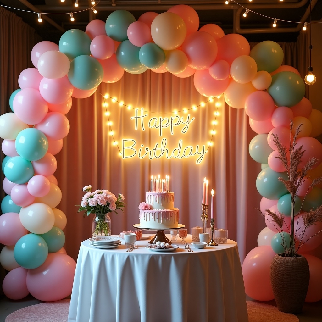 Celebratory birthday setup with decorative elements. A table featuring a beautifully designed cake. An arch made of colorful balloons. A glowing sign that reads 'Happy Birthday.' A floral arrangement. String lights add ambiance to the scene.