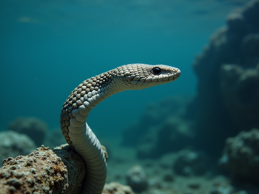 A serpent-like sea snake swims gracefully underwater. Its textured scales glisten under natural light. The winding body flows smoothly among the rocks in the ocean. The background shows blurred marine landscape.