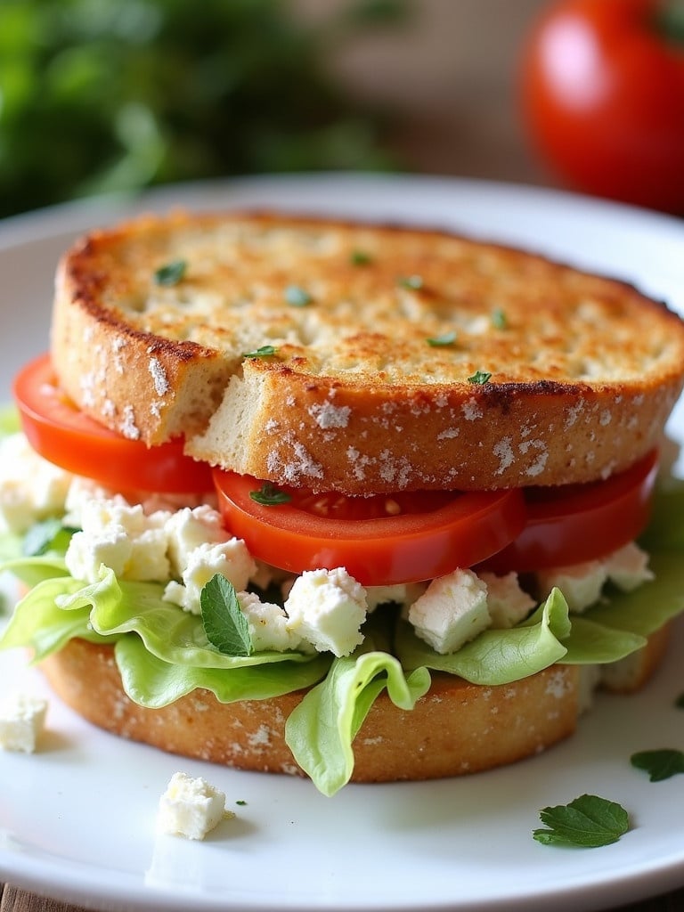 Delicious Greek feta and white cheese toast sandwich stacked with fresh slices of tomato and crisp iceberg lettuce. Toasted to golden brown perfection on a white plate. Natural light enhances the appeal of the food.