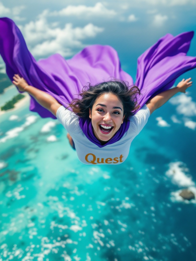 A Spanish daycare teacher soars gracefully over the Caribbean Sea. She wears a vibrant purple cape. The simple white shirt has the word 'Quest' in gold. The turquoise sea sparkles under the sun with palm-fringed coastlines in the distance.