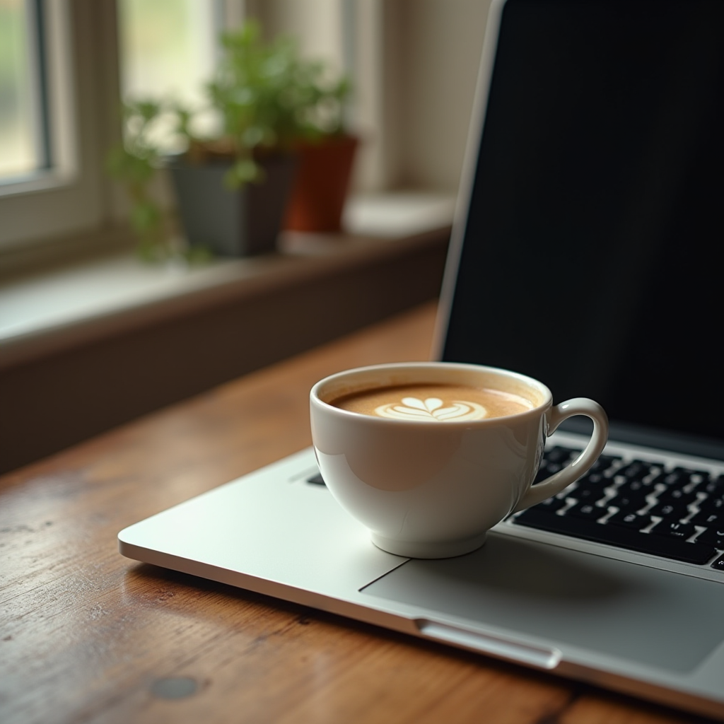 A cup of coffee sits on an open laptop beside a window.