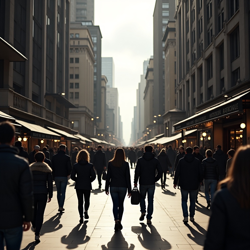 Image shows busy urban street scene with people walking. Tall buildings line both sides. Day is overcast with muted light. Long shadows stretch from people. Shops and restaurants visible on the ground level.