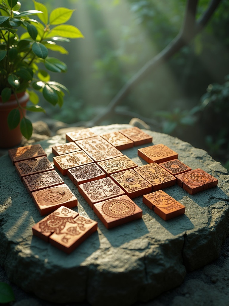 Wooden tangram puzzle pieces scattered on stone tablet. Pieces have ornate Asian motifs. Surrounded by vibrant greenery and soft, golden light. The scene is mystical and ancient. Captured in hyper-realistic detail with rich colors and textures. Similar to the works of Simon Stalenhag and Loish.