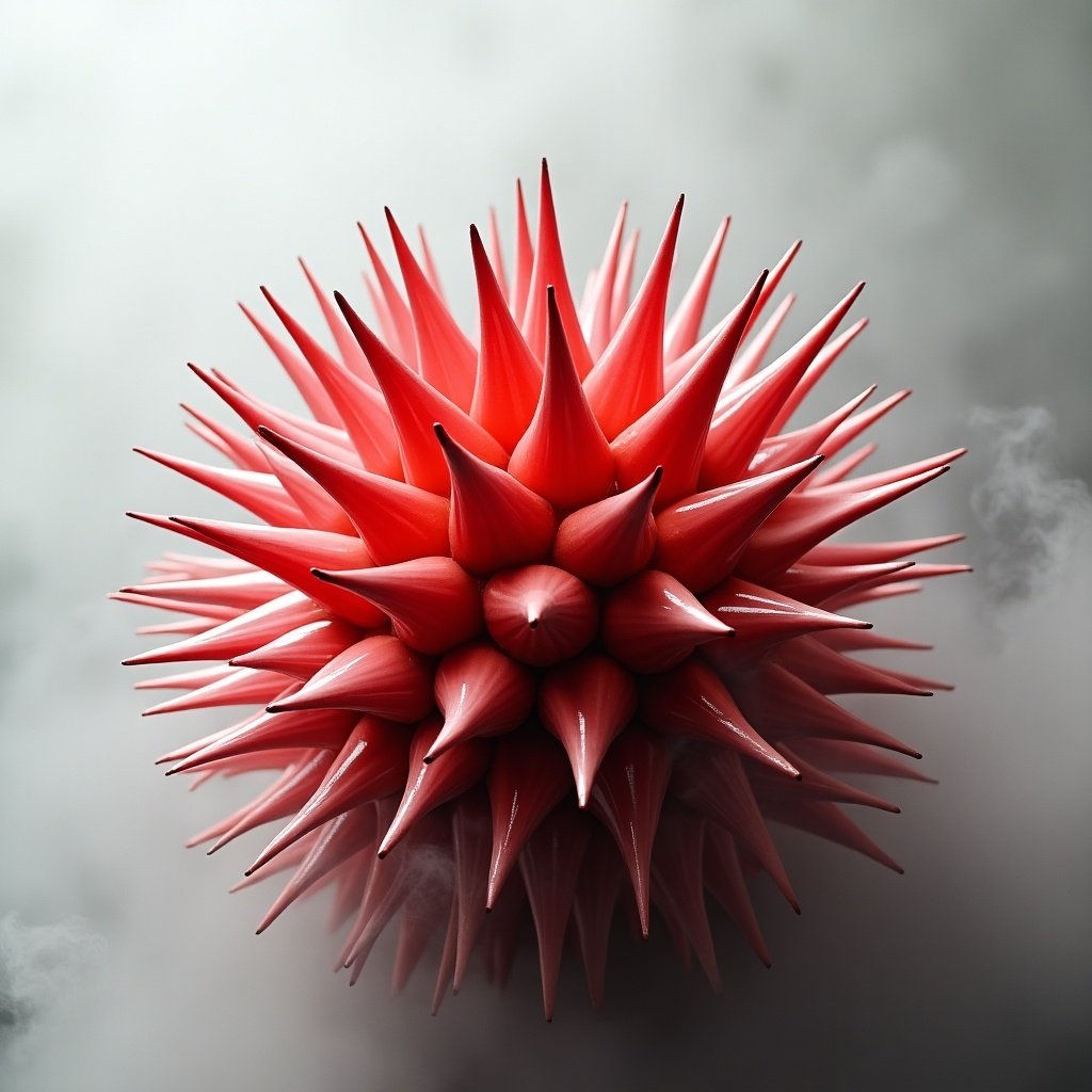 An organic structure with vibrant red spikes emerges from soft white smoke. The spikes are sharp and radiate outward, creating a striking visual effect. The background is a subtle gray, allowing the red to pop. The lighting is gentle, highlighting the three-dimensionality of the spikes. This artistic representation blends elements of nature and abstract form, evoking a sense of creativity and wonder.