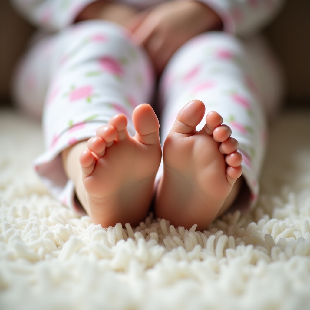 This image shows the feet of a young girl, capturing her sitting on a light-colored carpet. The focus is on her adorable feet, accentuated by soft, natural lighting. She wears floral-patterned pajamas, adding a touch of charm. Her toes are lightly polished, highlighting their delicate features. The ambiance evokes feelings of innocence and care, making it ideal for discussions about children's foot health.