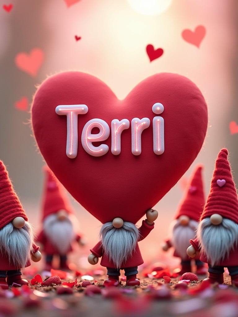 Valentine's Day themed background featuring a heart with the name Terri. Four gnomes are celebrating around the heart. Heart and gnomes are vibrant and cheerful.