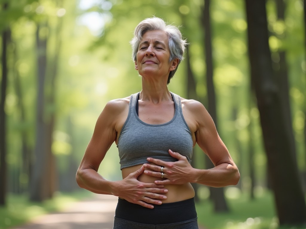 A gray-haired woman, around 50 years old, stands in a beautiful forest. She is wearing athletic clothing and has her hands gently resting on her belly. With her eyes closed, she appears to be deeply engaged in a breathing exercise. The scene is tranquil, with lush greenery surrounding her, creating a serene atmosphere. Soft light filters through the trees, enhancing the peacefulness of the moment. This image captures the essence of mindfulness and healthy living for women of all ages.