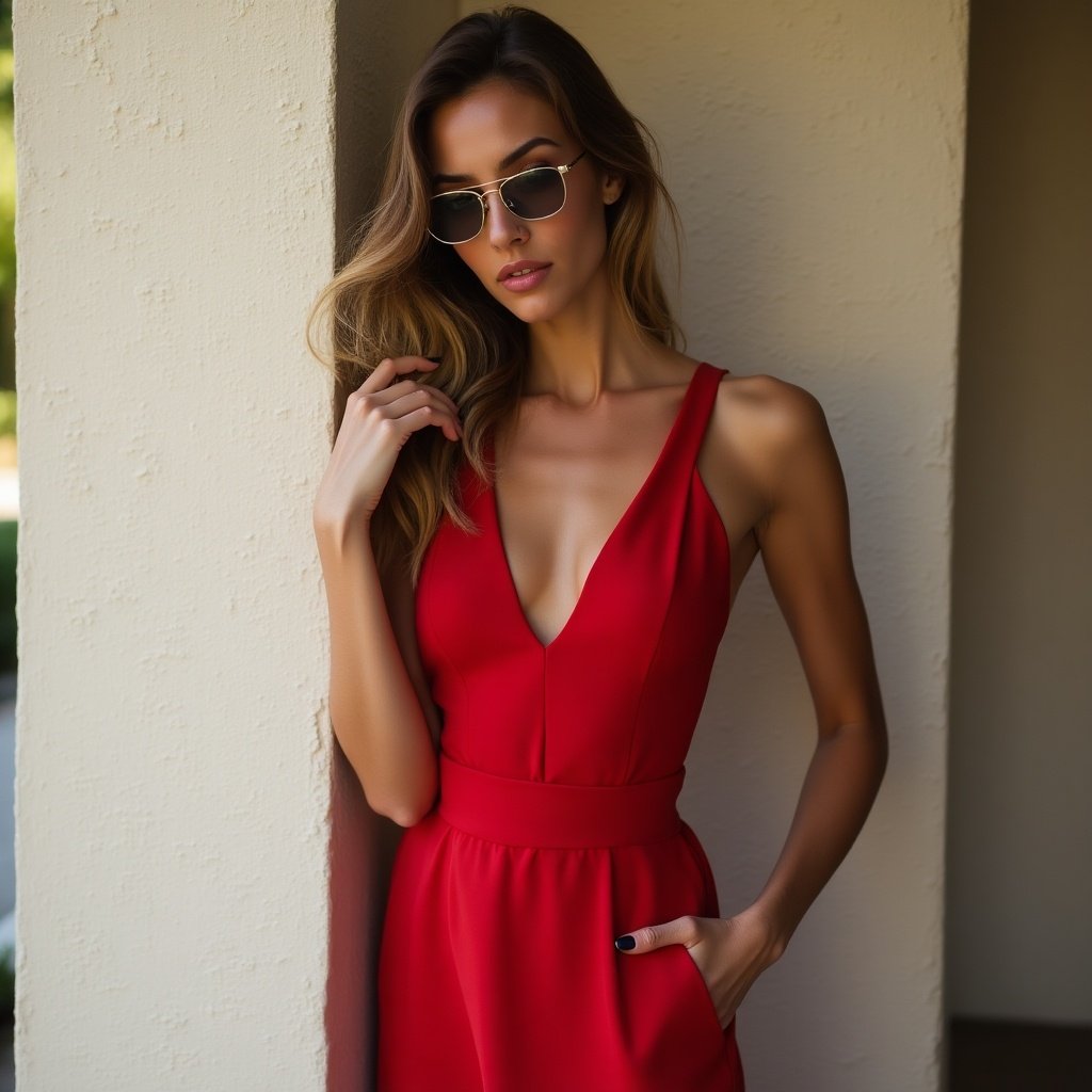 Stylish woman poses in red dress against textured wall. Showcasing elegance and sophistication.