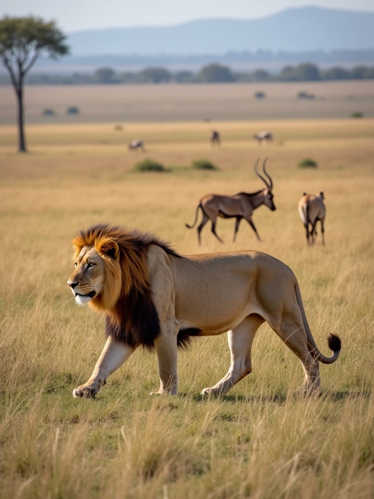 Lion walking in a savannah landscape. Antelope in the background. Sunny day. Grassy plain.