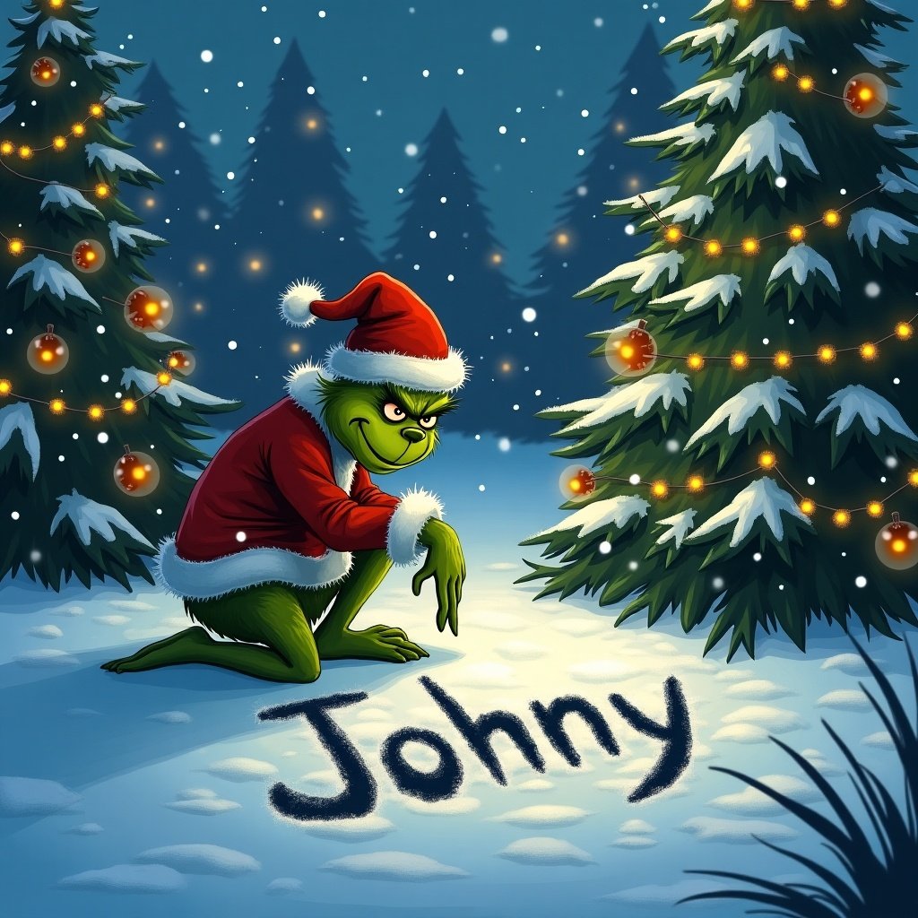 The Grinch is outside in snowy winter. Christmas trees surround. The Grinch is writing 'Johnny' in the snow.