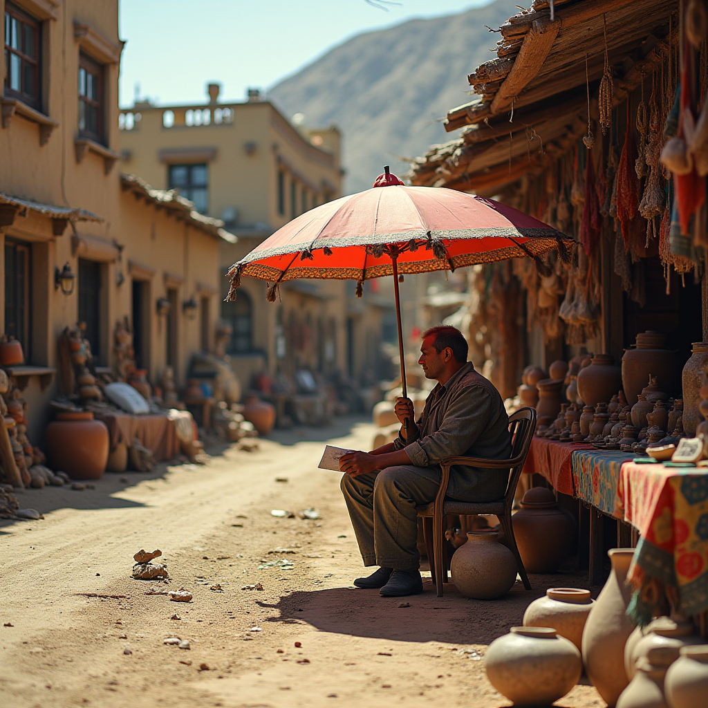 A man sits serenely beneath a vibrant red umbrella in a pottery-lined street, surrounded by earthenware in a sunlit outdoor market.