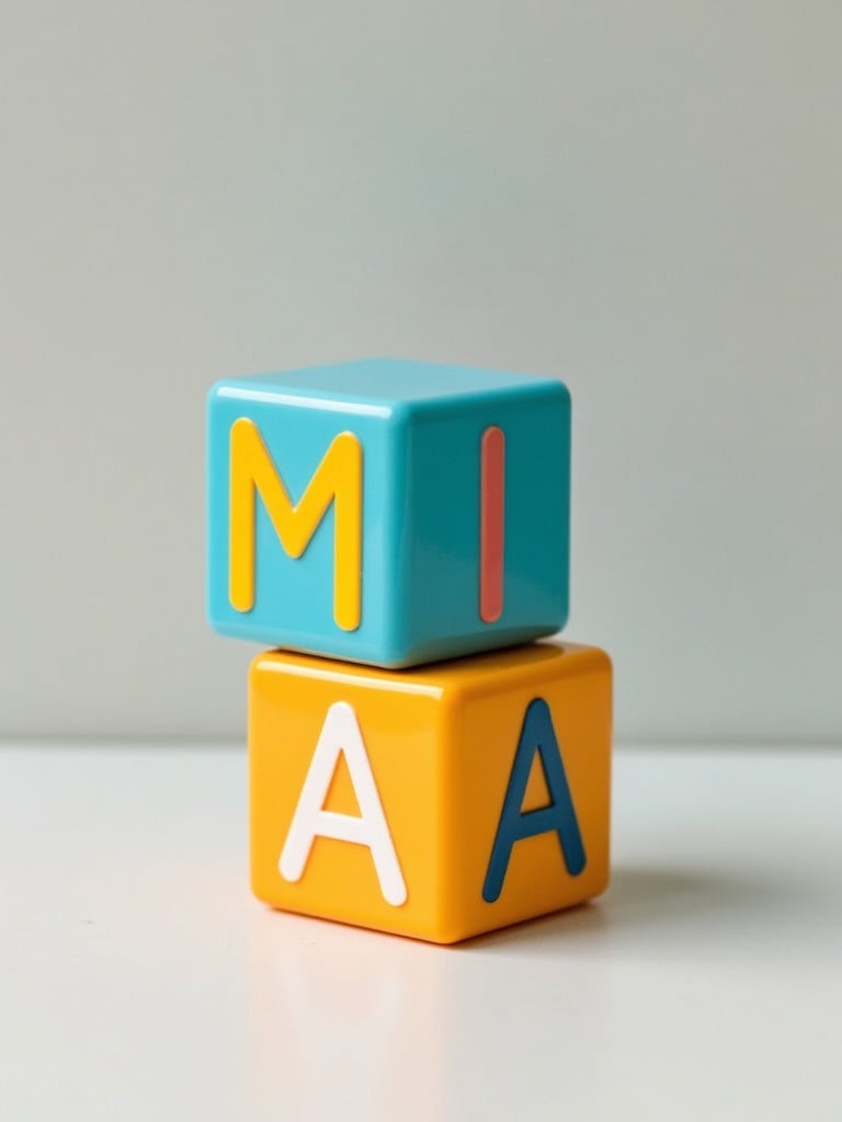 Three colorful cubes stacked on top of each other. The top cube is teal with the letter M. The middle cube is orange with the letter A. The bottom cube is yellow with the letter A.