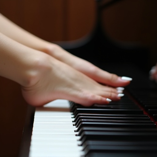 A woman's feet with white toenail polish positioned over piano keys. Side view highlights the elegant connection between the feet and piano. Hands are not visible.