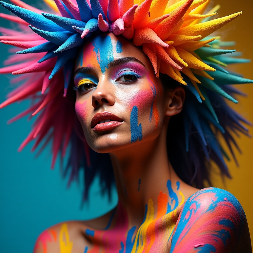 A woman poses with bold, colorful paint on her face and body, creating a striking and artistic visual. The vivid portrait showcases her face and shoulders, adorned in rainbow colors. Colorful spikes and swirls blend dynamically, forming a fluid motion in the composition. The lighting dramatically enhances the vibrant colors. This artwork emphasizes creativity and expression through makeup and body art.