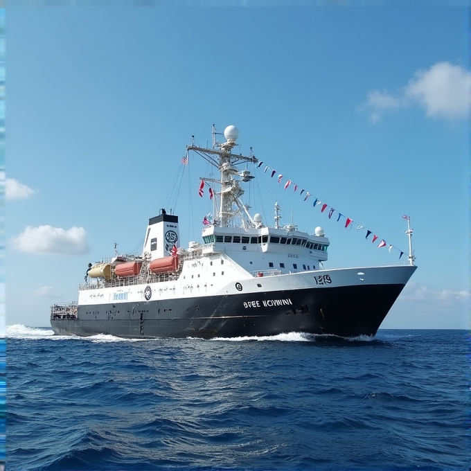 A large ship with flags sails on the open sea under a clear blue sky.