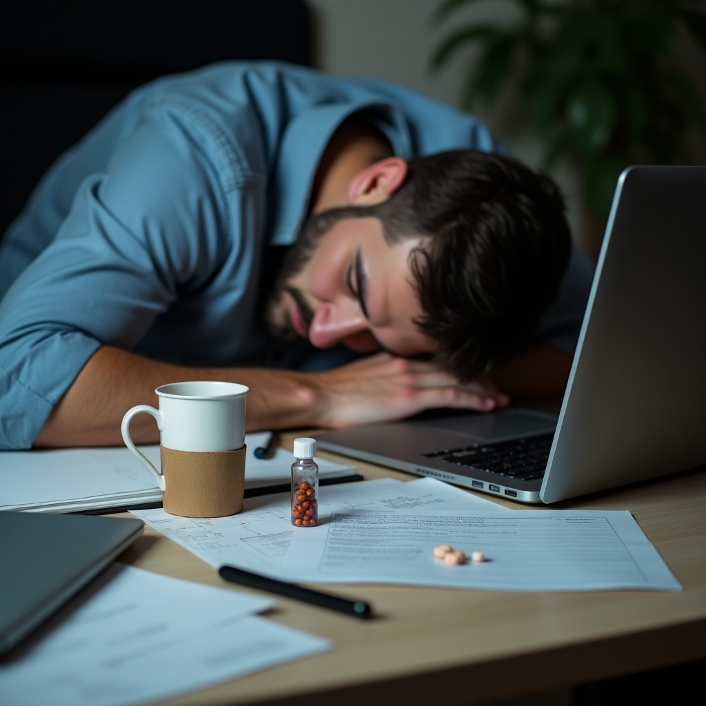 A somber scene depicting a male victim resting his head on his arms at an office desk. The setting includes a laptop, suggesting a typical work environment. A coffee cup with noticeable stains adds to the disheveled atmosphere. Nearby, an unidentified vial of tablets can be seen, hinting at underlying issues. Papers are scattered across the desk, highlighting disorganization and distress.