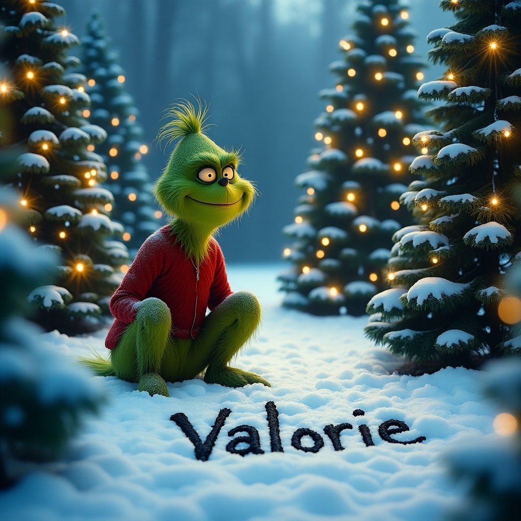 Grinch sitting outside in the snow surrounded by decorated Christmas trees writing Valorie in the snow.