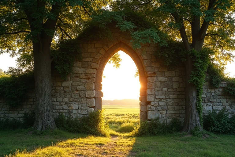 Ruined wall stands between two large box trees Treescrowns cover the wall like a shelter Wall has vines and moss Stones are weathered with missing parts Window has double arch design Fields are visible through the window Evening light shines on top of the wall and tree leaves Ground has sparse vegetation