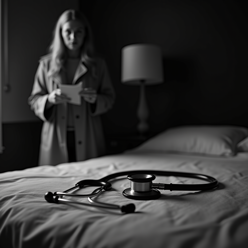 A stethoscope lies on a bed with a person holding a note in the background.