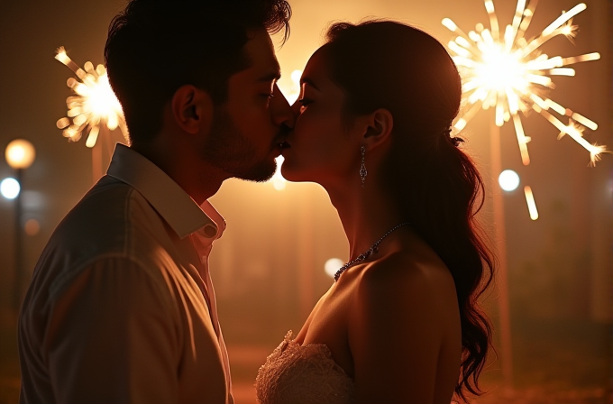 A couple shares a tender kiss under the soft glow of sparklers in the evening light.