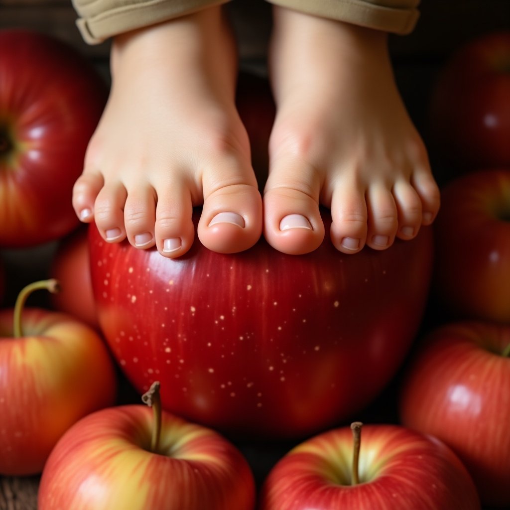 Image of a young boy's feet pressing down on a large red apple surrounded by more apples. Soft and warm lighting enhances the scene's inviting feel. The image symbolizes health and beauty through nourishment.