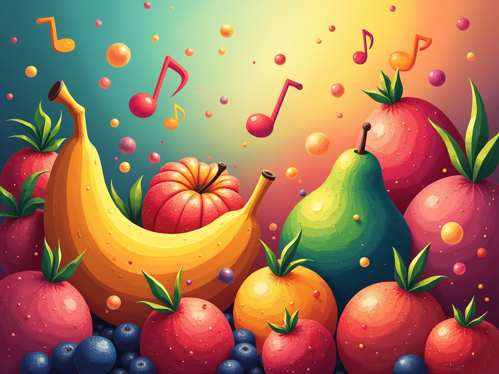 The image is a colorful album cover for the musical artist Lead Enhanced Local Fruits. It showcases a vibrant collection of fruits, including bananas, oranges, and pears, arranged in a lively manner. Musical notes float around the fruits, adding a playful touch to the overall composition. The background features a gradient of colors that blend harmoniously, enhancing the joyful theme. This artistic representation conveys a sense of energy and creativity, making it perfect for a music album that celebrates life and freshness.