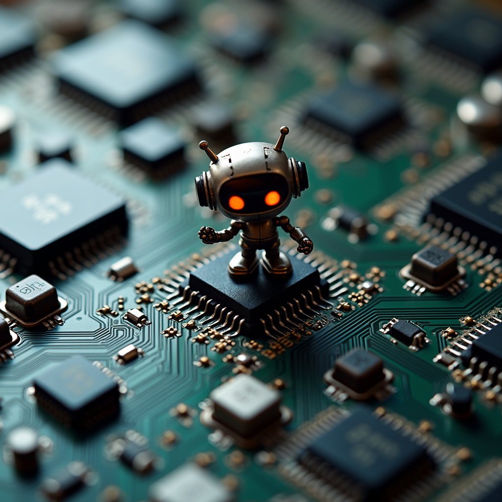 A small, metallic robot figurine with glowing eyes stands atop a microchip on a detailed circuit board.