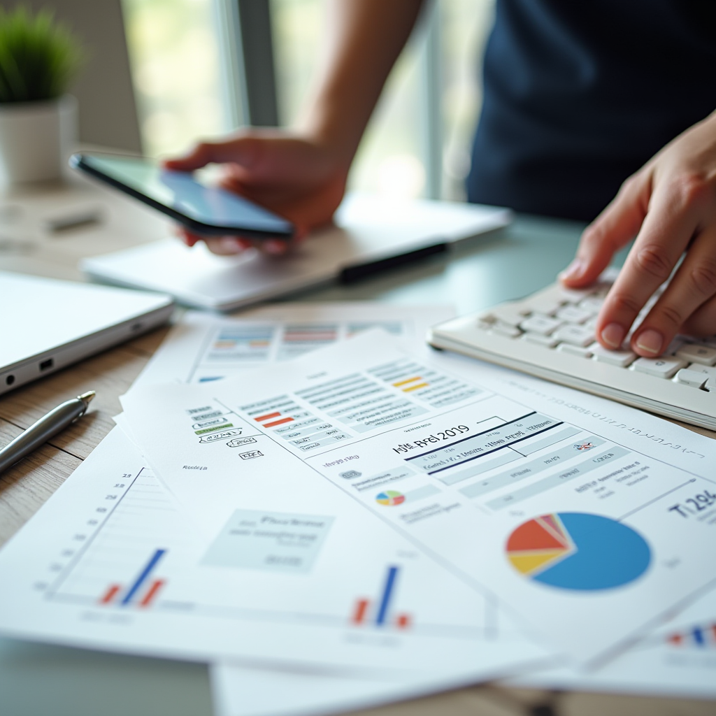 A person is analyzing financial documents with charts and graphs at a desk, using a smartphone and keyboard.