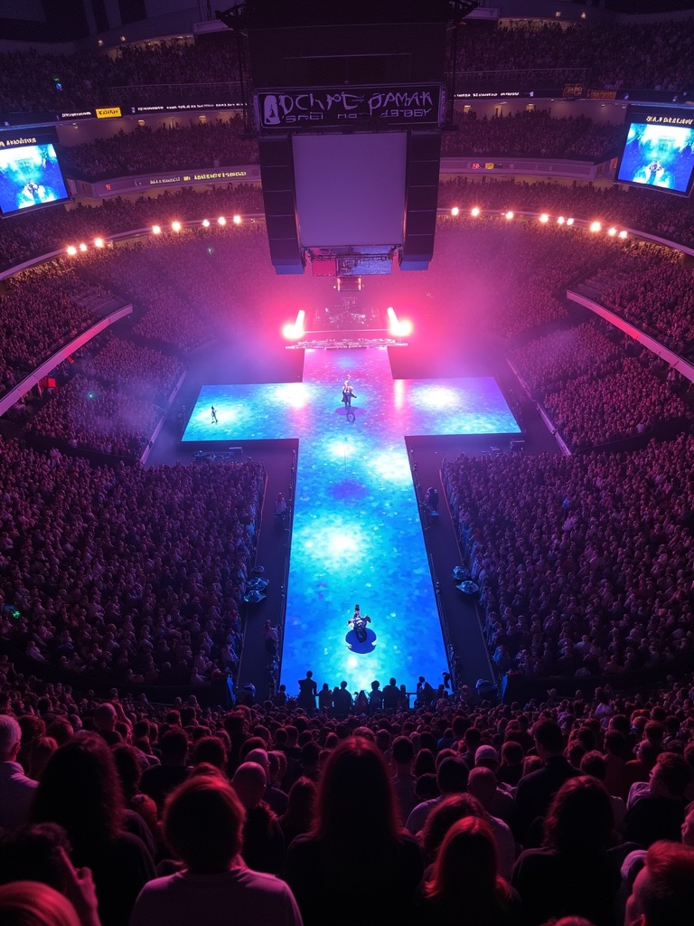 Travis Scott performs at Madison Square Garden. A 360 concert stage features an illuminated cross shape. Aerial view captures the vibrant lights and large audience.